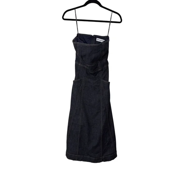 Self-Portrait Indigo Denim Bandeau Midi Dress Belted Dark Wash US 4 - Picture 9 of 11